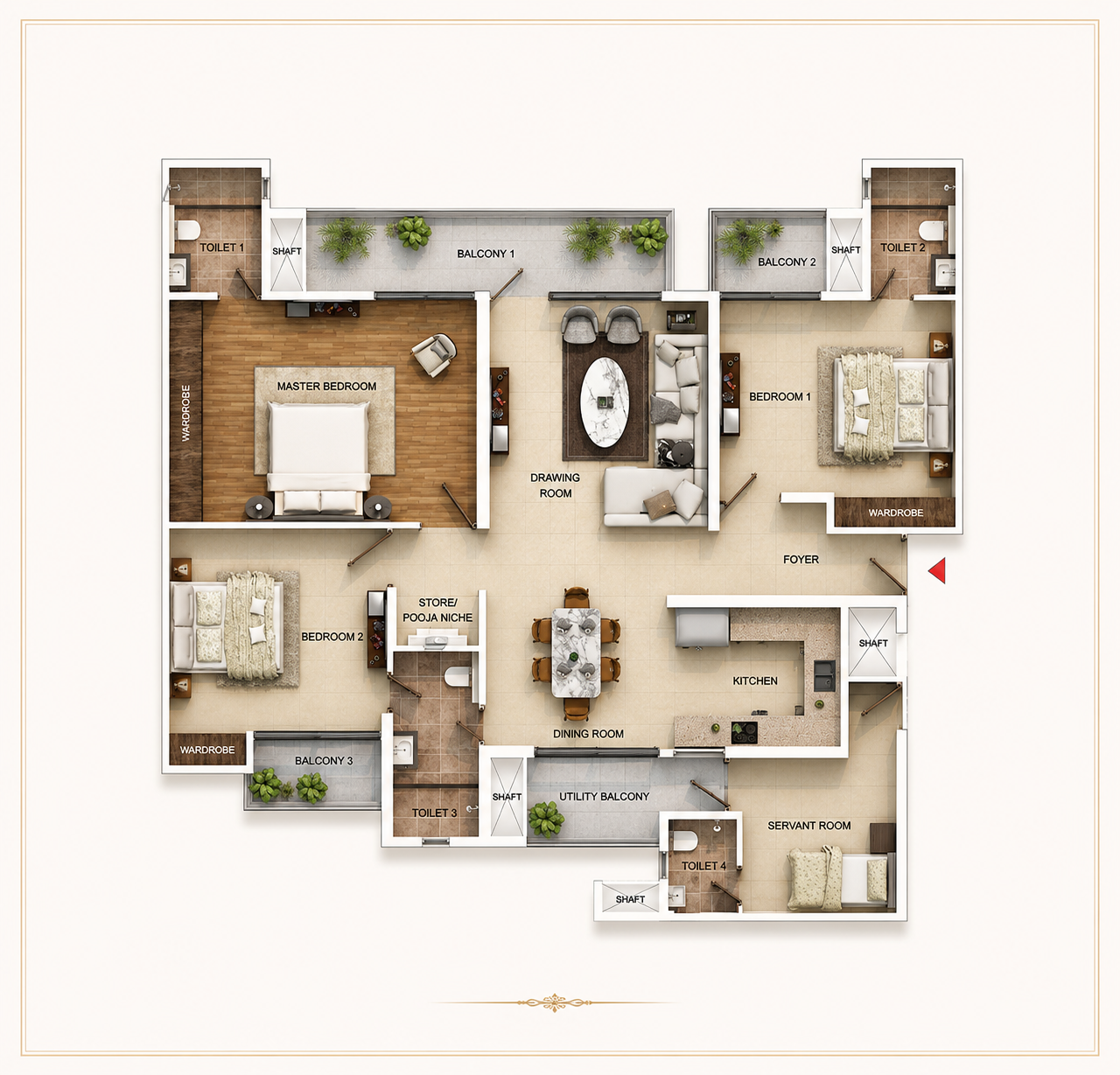 3 BHK + Servant Floor Layout Plan
