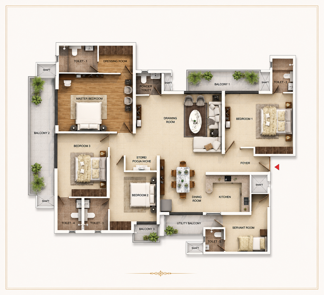 4 BHK + Servant Floor Layout Plan